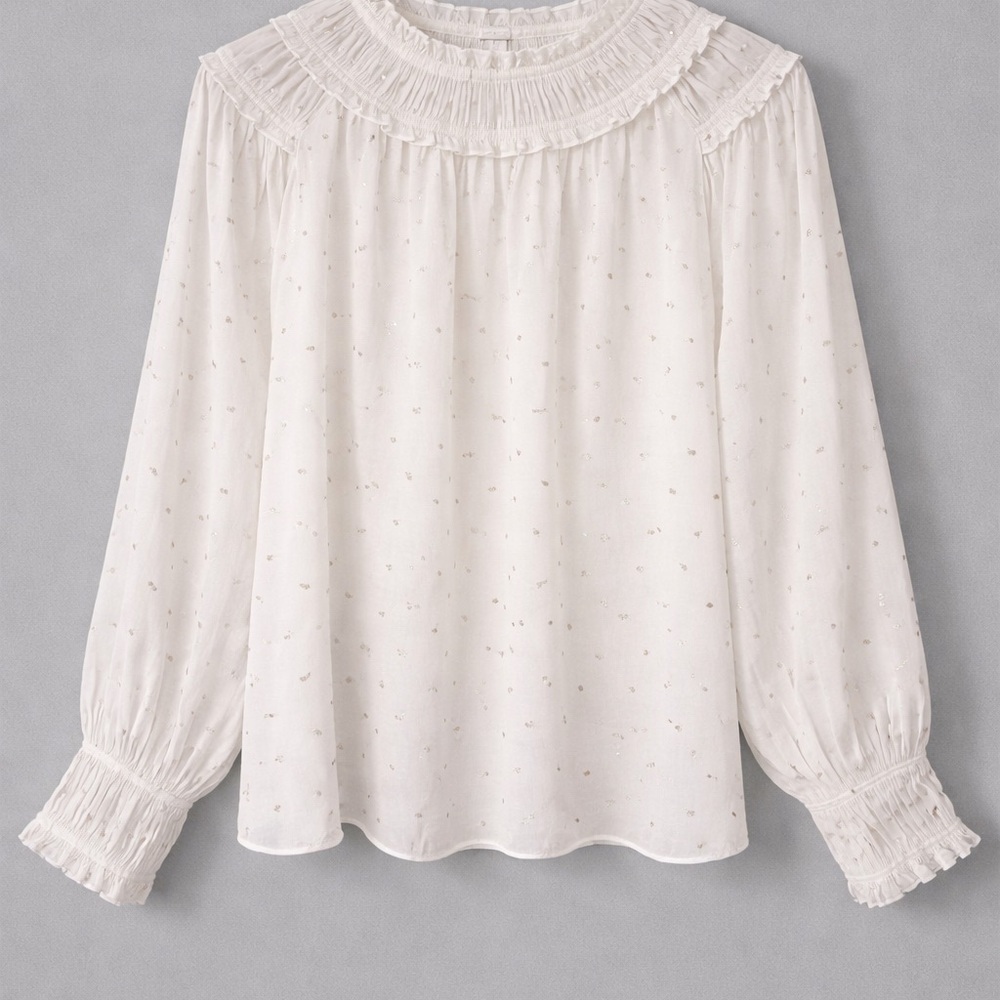 Current Air White Ruffle Neck Blouse Small Metallic Dot Cottagecore Boho - Picture 7 of 7